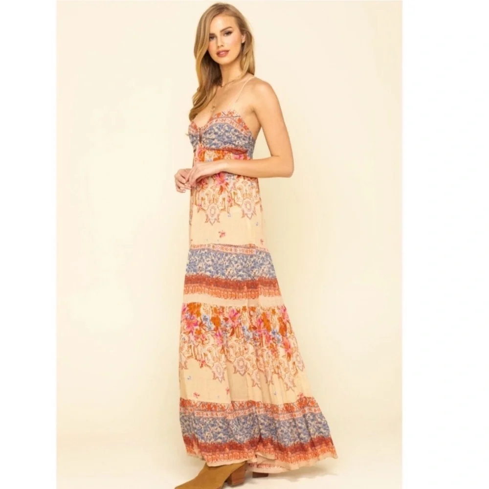 Free People Beige Floral Tiered Maxi Dress with Red and Blue Accents - Picture 10 of 13